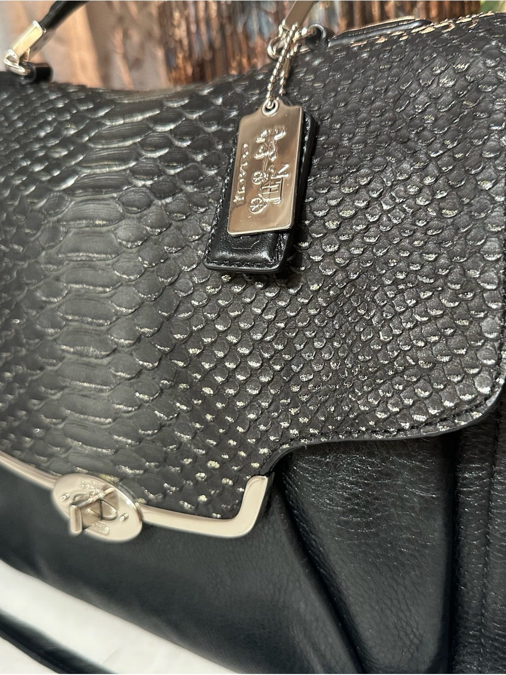Coach Black Leather Python-Embossed Madison Flap Satchel - Picture 2 of 12